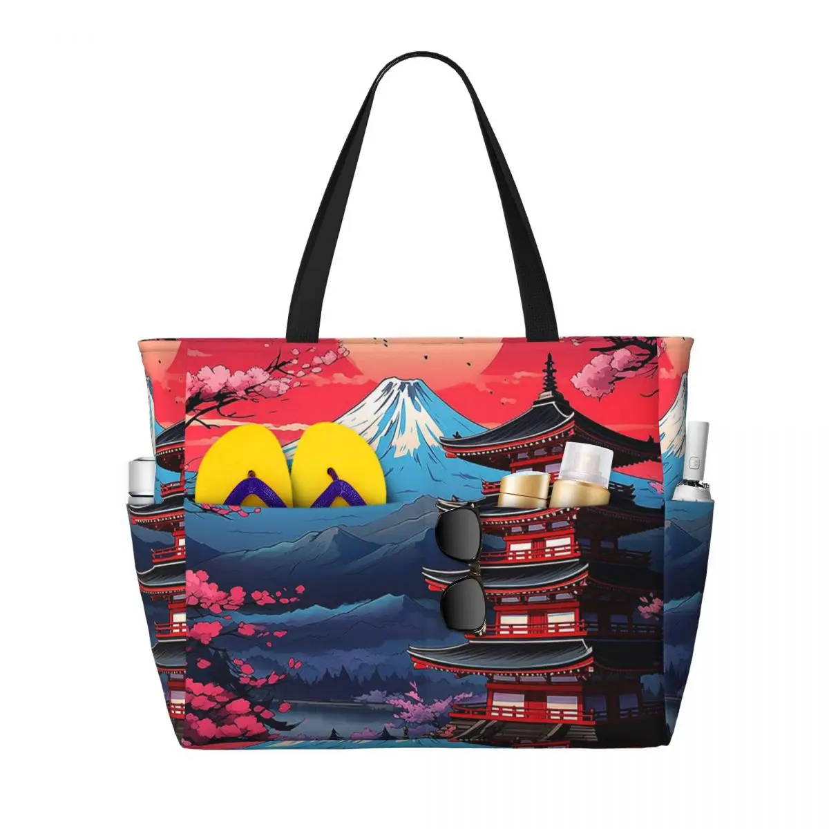 

Japan Sakura Cherry Blossoms With A Red Rising Sun Beach Tote Bag Sport Yoga Duffle Large Tote Bag Women Travel Bag Fitness bag