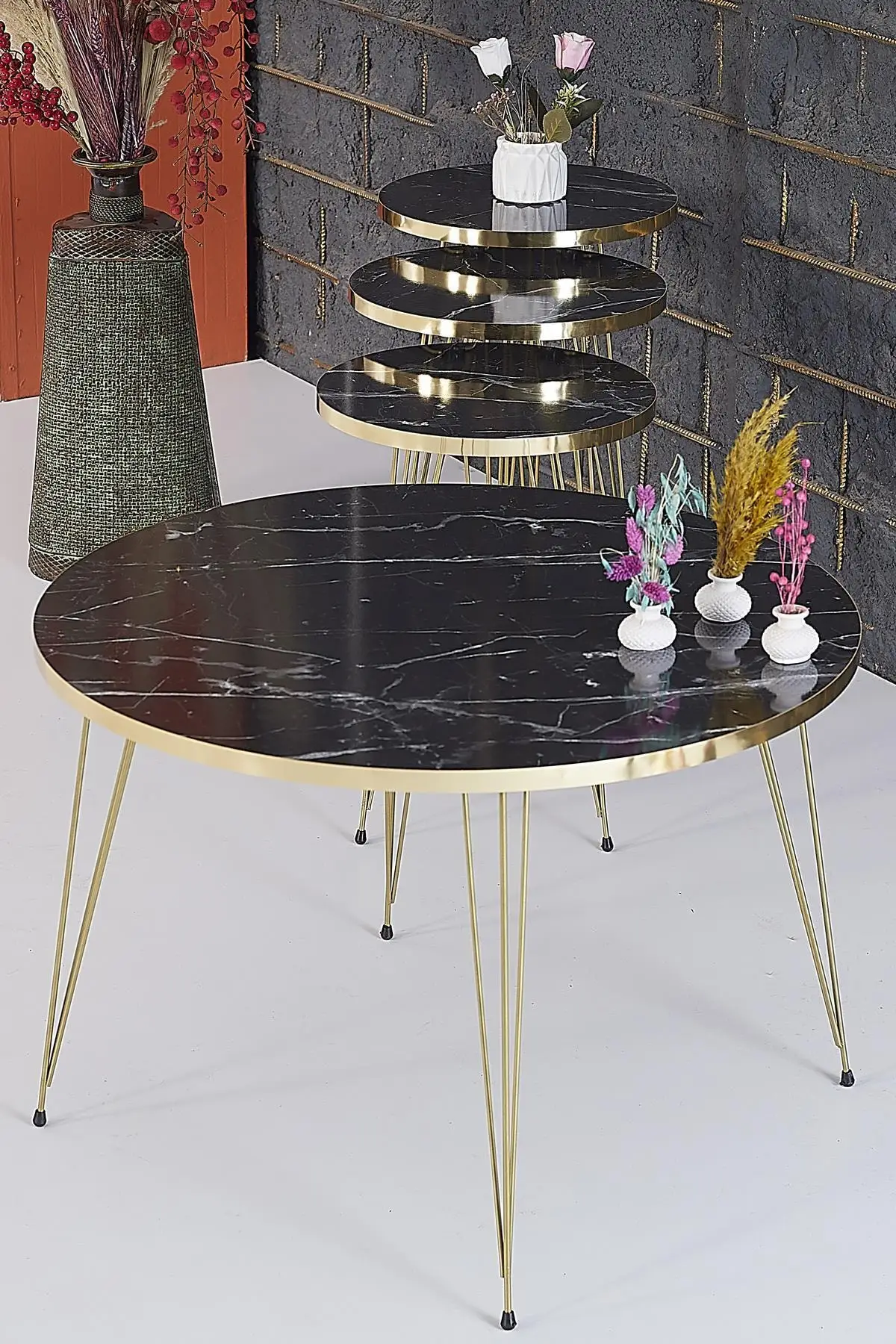 3 pcs Zigon Medium Coffee Table Set Round-black Marble as MDF Gold Metal Toe