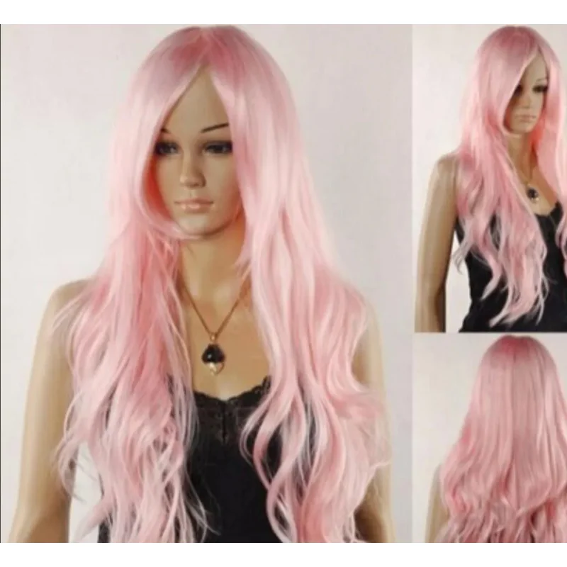 Wig cosplay wanita, wig cosplay panjang pink bergelombang rambut Kanekalon penuh tahan panas