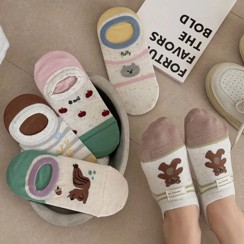 Invisible No Show Socks Women Summer Thin Silicone Non-slip Low Cut Boat Socks Cute Cartoon Cat Bear Squirrel Sock Slippers Sox