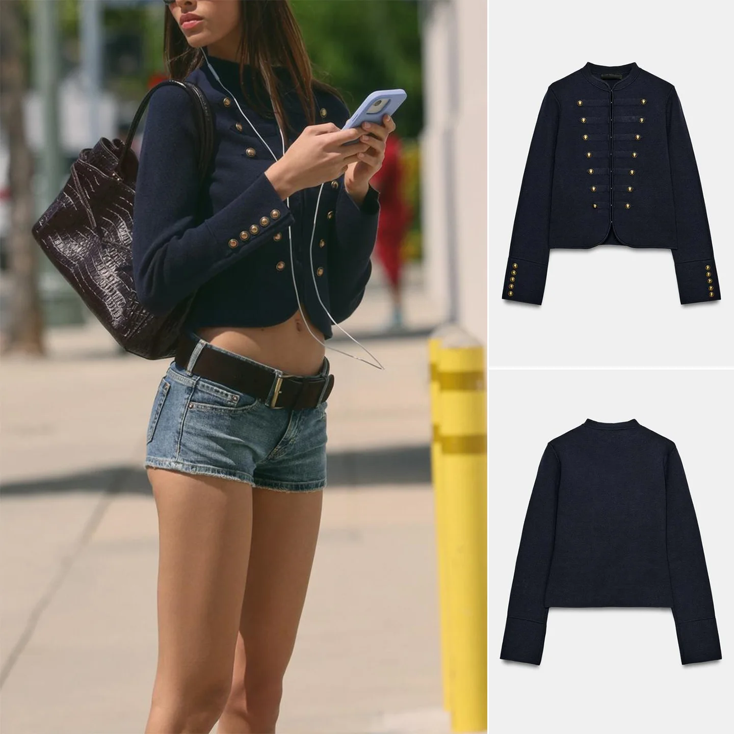 Spring Summer New Arrival Women's Commute Style round Neck Long Sleeve Gold Layer Button Decorated Knitted Jacket Short Coat