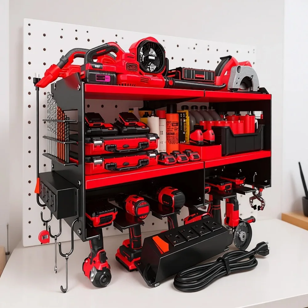 

Wall Mounted Heavy Duty Metal Tool Organizer Rack with 4 Outlet Power Strip for Garage Storage Holds 6 Drills and Batteries