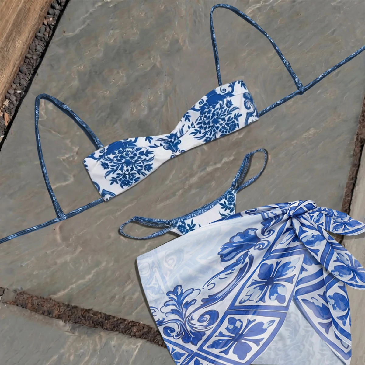 3Pcs Bandeau Biquini Women Sexy Bikini 2026 Push Up Swimsuit Female Button Bathingsuit Retro Print Sarong Swim Suit Beachwear