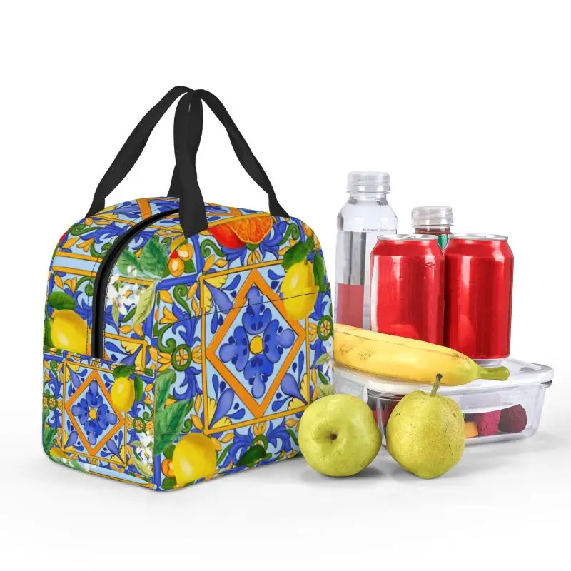 Sicilian Tiles Summer Fruit Oranges Lemons Insulated Lunch Bag for Camping Travel Portable Thermal Cooler Lunch Box Children