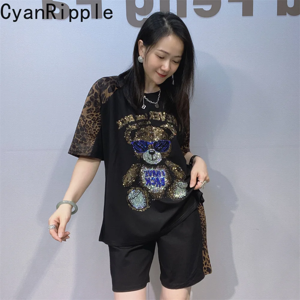 

Trendy New Summer Women Two-piece Set Leopard Short Sleeve Hot Diamonds Cartoon T-shirt Top + Elastic Waist Straight Pants