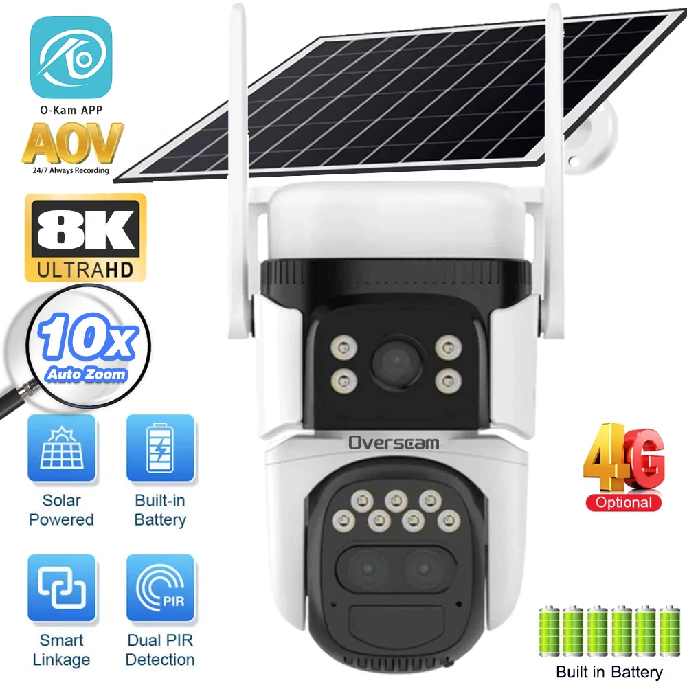 

8K 15MP 4G Solar Camera Three Screen Outdoor Built-in Battery Security AOV 10X Zoom Camera PTZ Solar Powered Auto Tracking