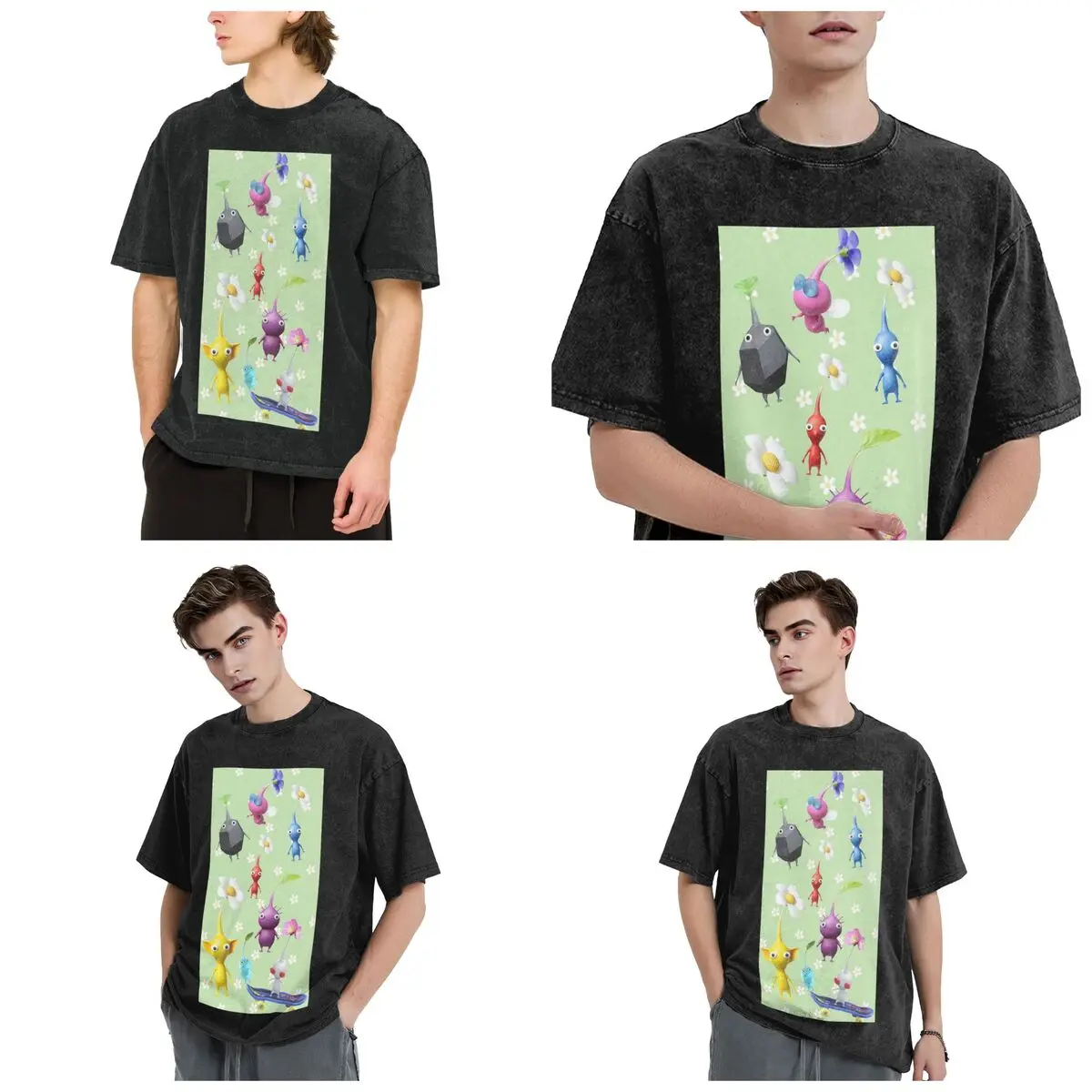 Pikmin Characters Hip Hop Short Sleeve T-Shirts Washed Tops Tees Streetwear T Shirt Cotton for Men Women