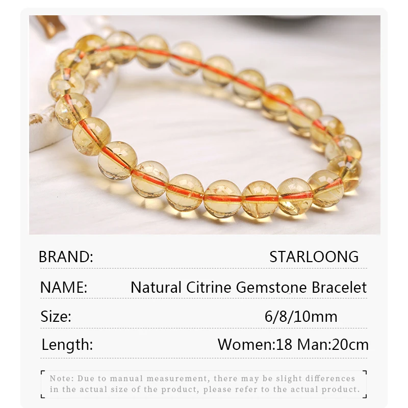 RUILONG Fashion Natural Citrine Gemston Stone Bracelet 6/8/10MM Round Beads Jewelry Sweet Color Charm Bracelet Wristband Gift