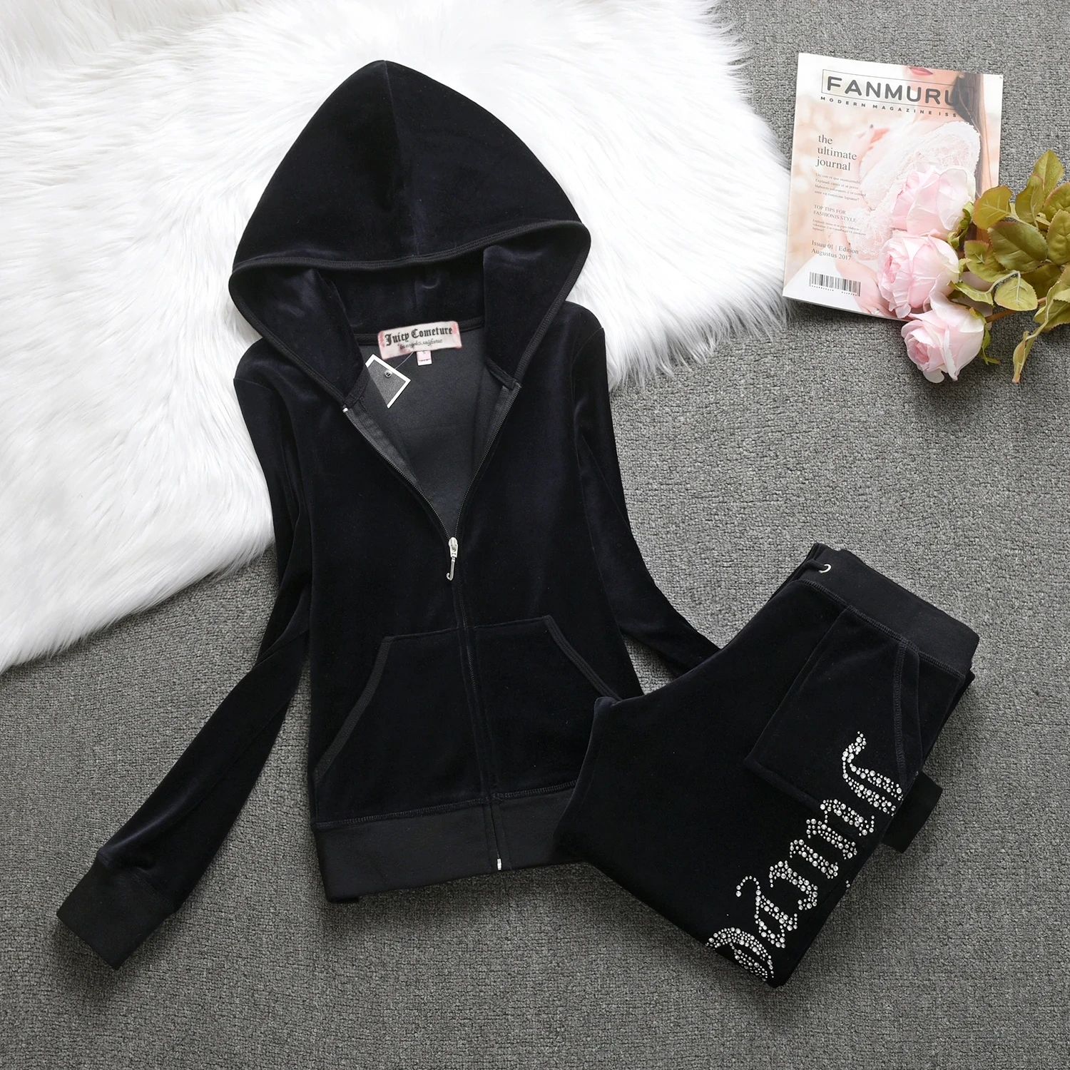 JUICY Cometure Y2K Velvet Tracksuit Women New Sports Suit Winter Casual Warm Hooded Jacket Y2K Women Sports Velvet Pants Suit