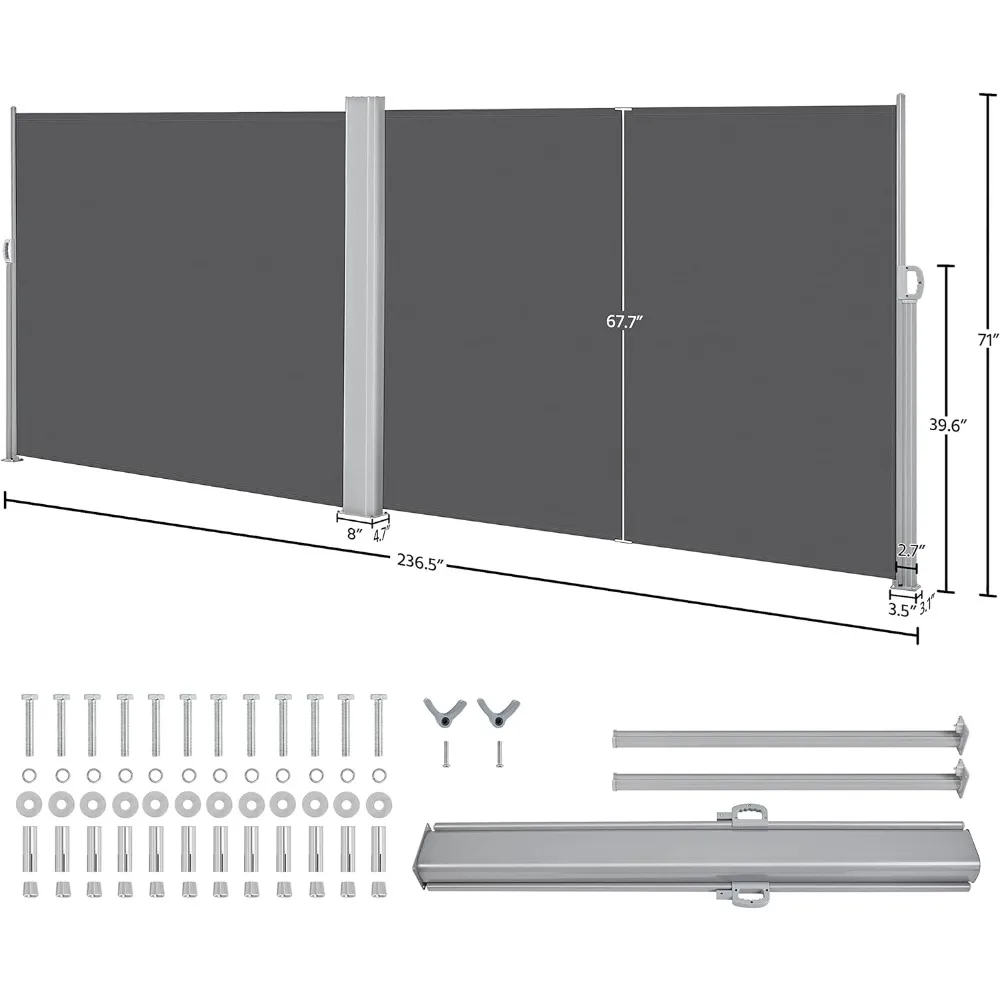 236 x 71in/236×63in Double Side Awning, Patio Retractable Side Screen Awning, Privacy Divider Screen w/ 280g/m² Polyester