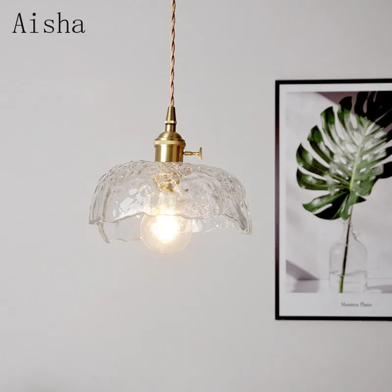 Nordic Minimalist Water Patterned Glass Pendant Lamp Retro Restaurant Entrance Balcony Hanging Light High-quality Brass Fixtures