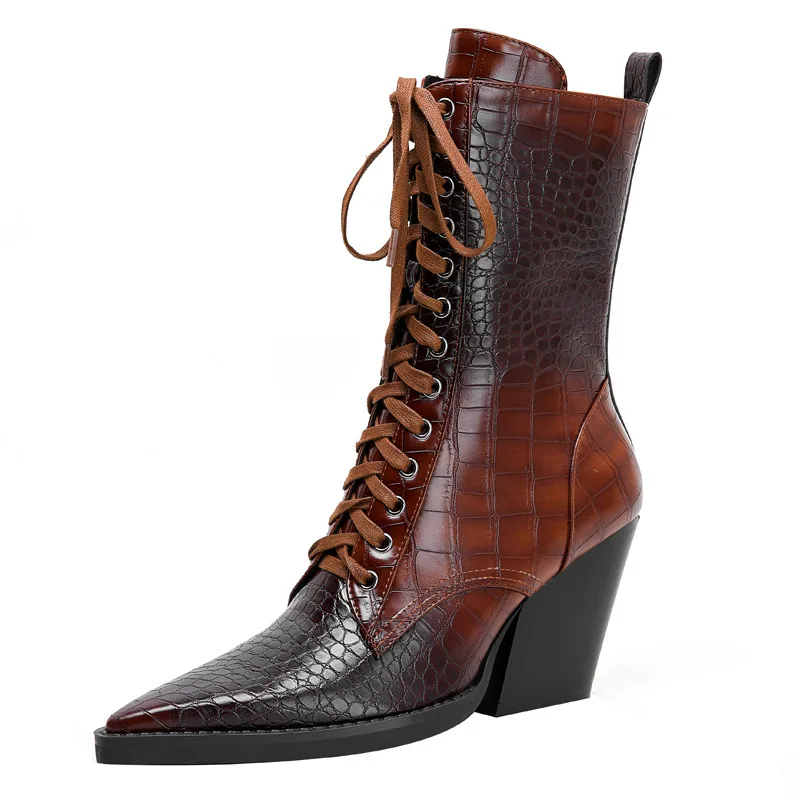 New Retro Pointed Toe Ankle Boots Women Thick High Heels Western Boots Side Zipper Knight Boots Women Fashion Botines Mujer