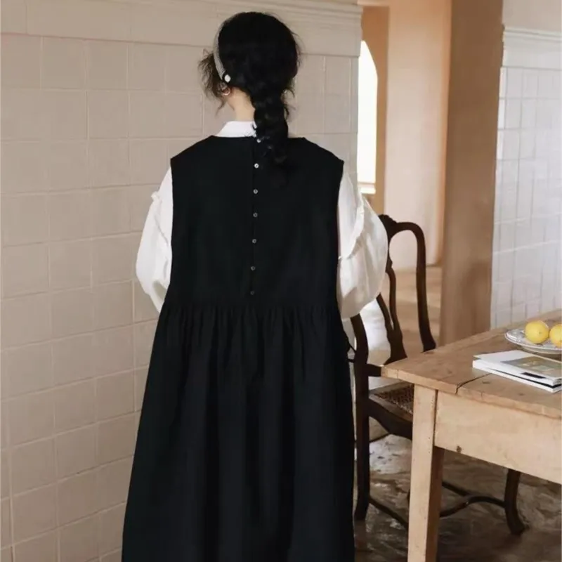 Johnature japonês doce linho plissado de cintura alta sem mangas vestido primavera verão novo solto em camadas plissado vestidos femininos