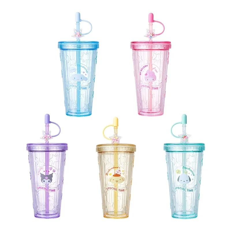 Anime Cartoon Saniroed Series Plastic Straw Cup Kawaii My Melody Cinnamoroll Kuromi Pochacco Cute Portable Water Cup Kids Gift