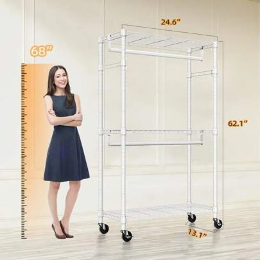 Heavy Duty Rolling Clothing Rack With Wheels 1050 LBS Capacity 3 Tier Garment Rack With 2 Hanging Rods And Side Hooks Adjustable Metal Shelving Storage Organizer For Bedroom Closet Laundry Room Retail Store Commercial Use Sturdy Steel Frame Portable
