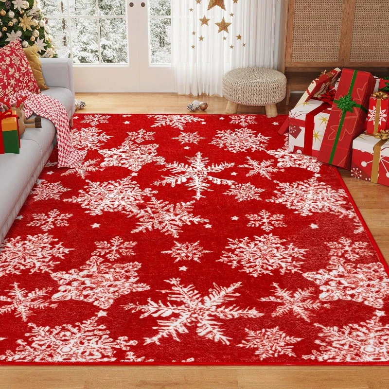 Red Area Rug Christmas Living Room carpet Snowflake Kitchen Mat Holiday Decor  Entryway doormat Indoor Decorative Throw Rug