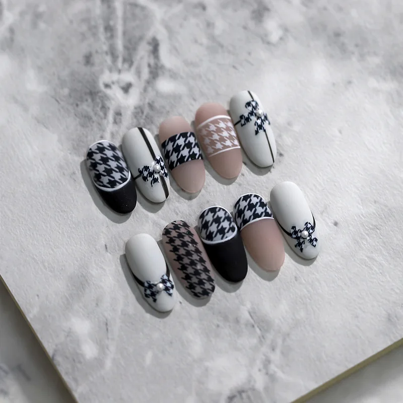 Pearl Black White Houndstooth Bowknot 3D Self Adhesive Nail Art Stickers Brown Diamond Check Pattern Manicure Decals Wholesale