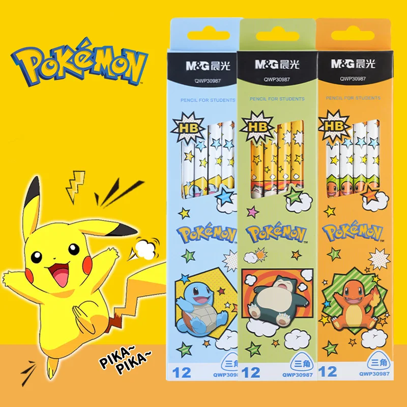 

Random 1 Box 12Pcs Pokemon Canvas Pikachu Squirtle Charizard Print Children Art Draw 2B/HB with Eraser Stationery Pen Gift