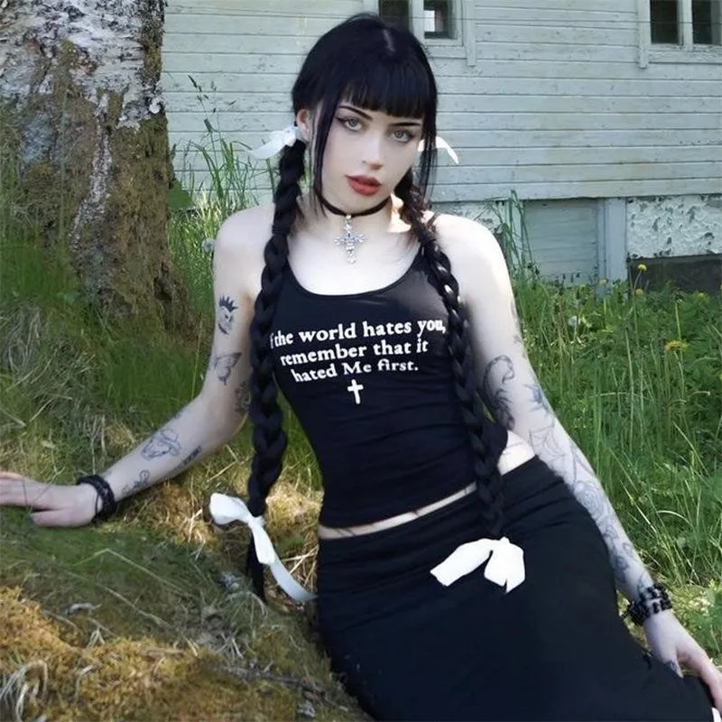 Crop Tops Y2k Kleidung Damen Ästhetisch Sexy Ärmelloses Tank Top Vintage Brief Drucken Grunge Streetwear Gothic Punk Mädchen Korsett