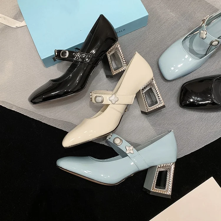 

Blue Leather Spring Women Pumps 2025 New Shallow White Prom Party Shoes 7cm Fretwork High Heels Black Mary Jeans Zapatos Femmes