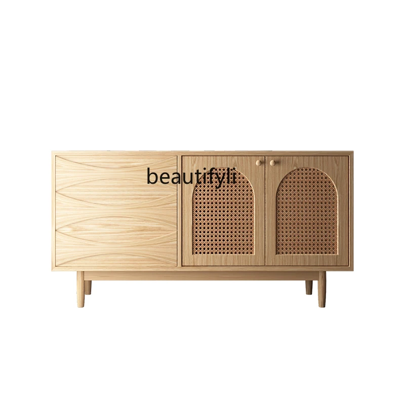 

Sili Style Solid Wood Sideboard Homestay Hotel Living Room Wood Rattan Hallway Storage Cabinet