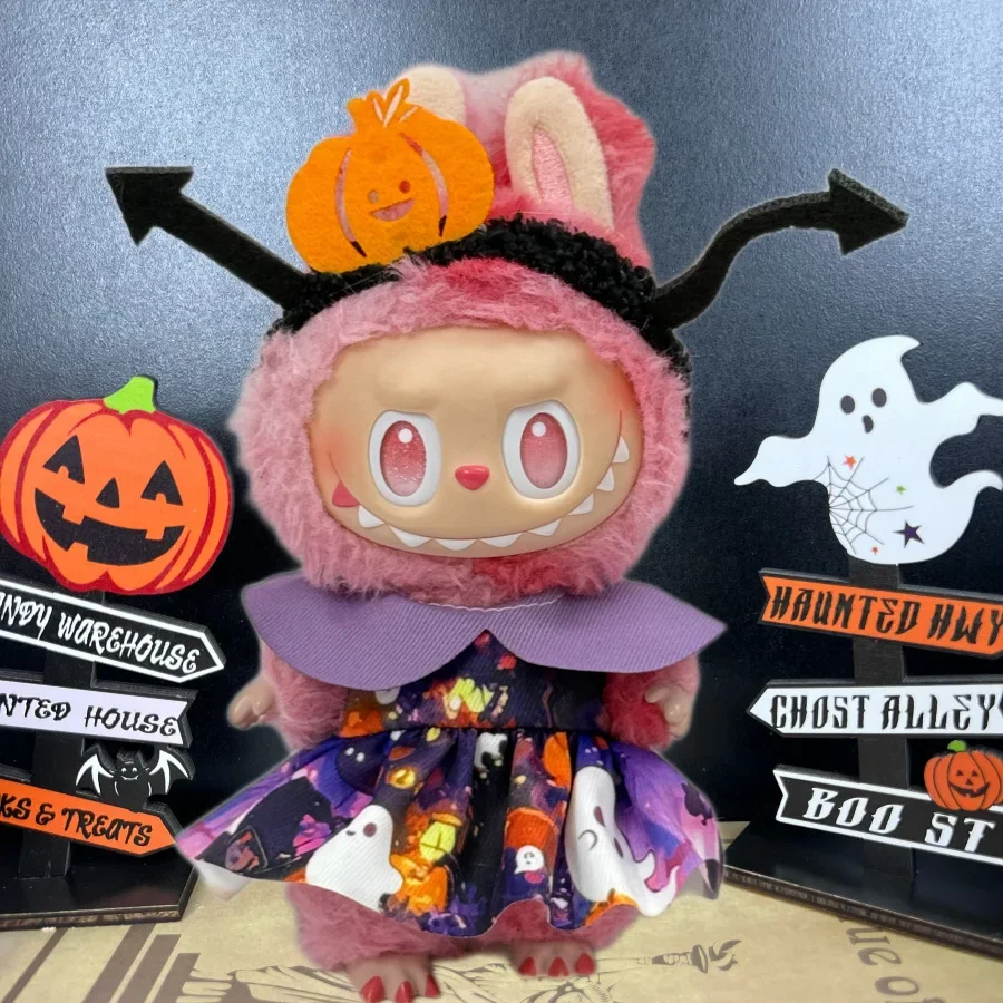 Halloween Teufel Umhang Lila Hexe Kleidung für Labubu I mit Halloween Kürbis Umhang Hut Anzug für Ladbubu Puppen Zubehör