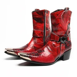 British Metal Pointed Toe Party Club Man Shoes Red Motorcycle Zipper Ankle Boots Plus Size Wedding Party Real Leather Short Boot