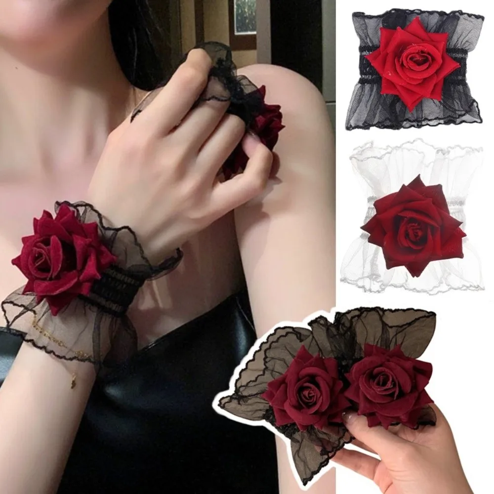 New Red Rose Lace Wristbands Lolita Elastic Band Gothic Cosplay Bracelets Ruffled Black Flower Wrist Cuffs For Women