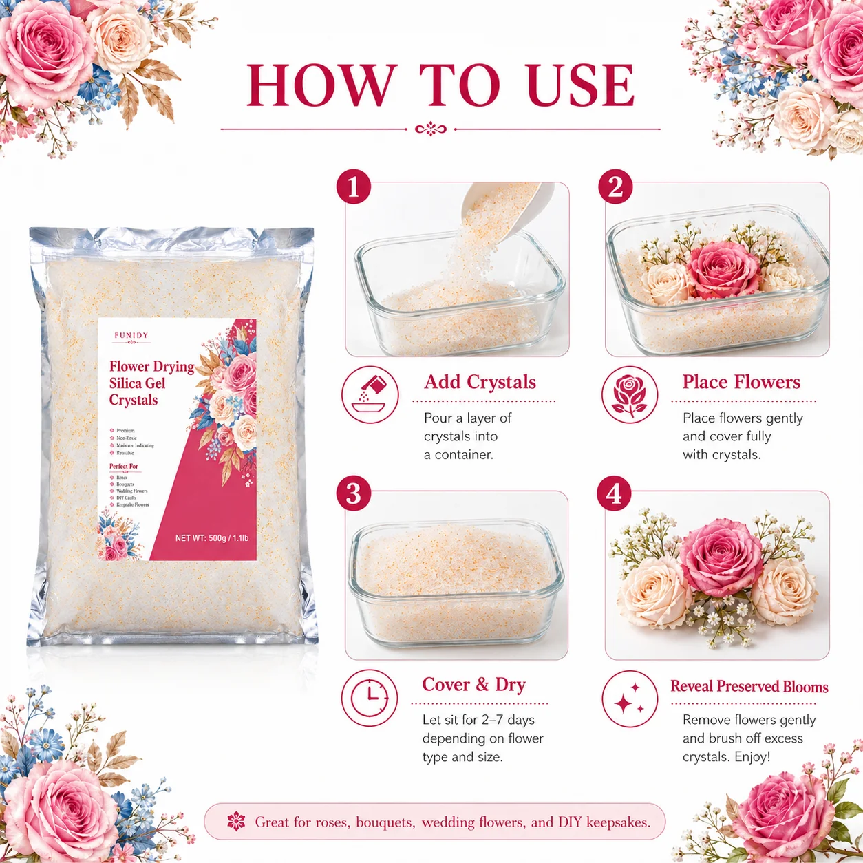 3lb/2lb/1lb Multi-Pack, Color-Changing Silica Gel Crystals for Flower Drying - Reusable,  for Wedding Bouquet Preservation