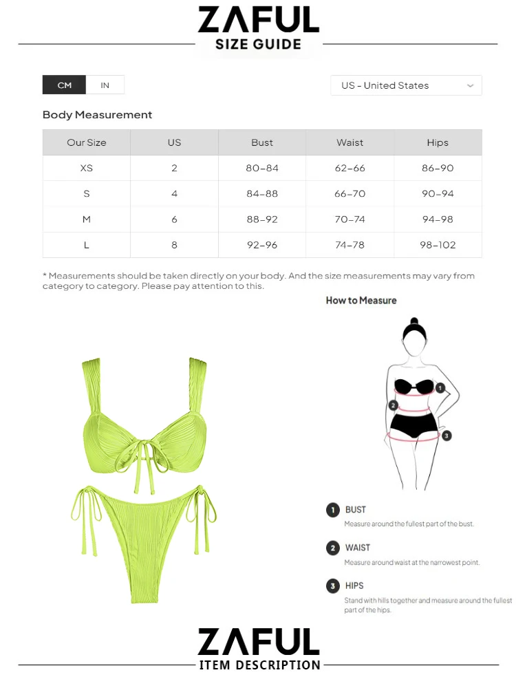 ZAFUL Swimsuit For Women Female Bikinis Padded Bra Top And Tie Side Briefs Bottom Tie Straps Tanga Swimwear Bikini Set Woman