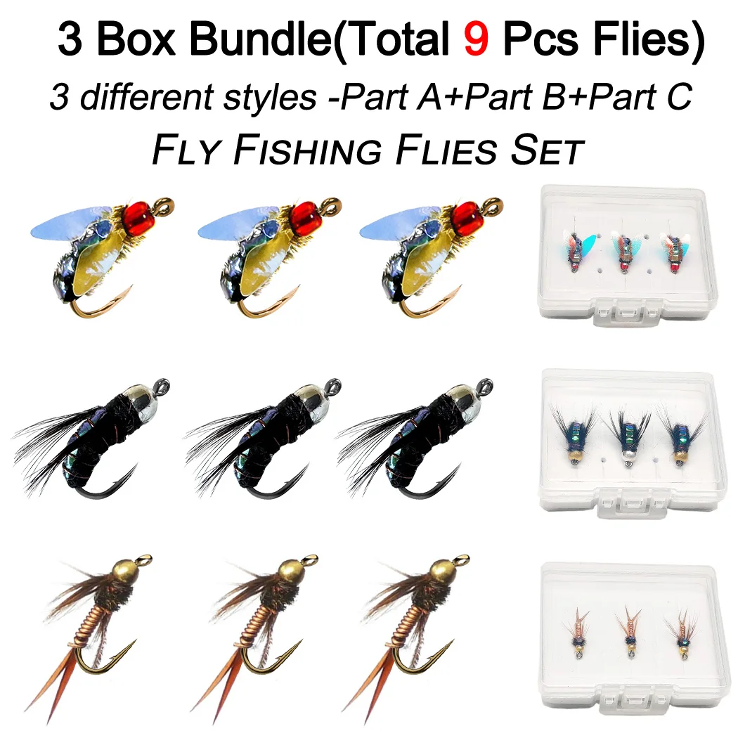 Fly Fishing Flies 9Pcs-3 Boxes Bundle Artificial 3 Different Styles Wet Flies Bait for Freshwater and Seawater for Fishing Trout