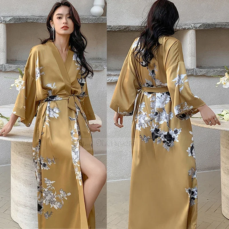 Print Flower Long Kimono Bathrobe Gown Sexy Women Half Sleeve Wedding Robe Nightgown Spring Summer Rayon Home Dress Sleepwear