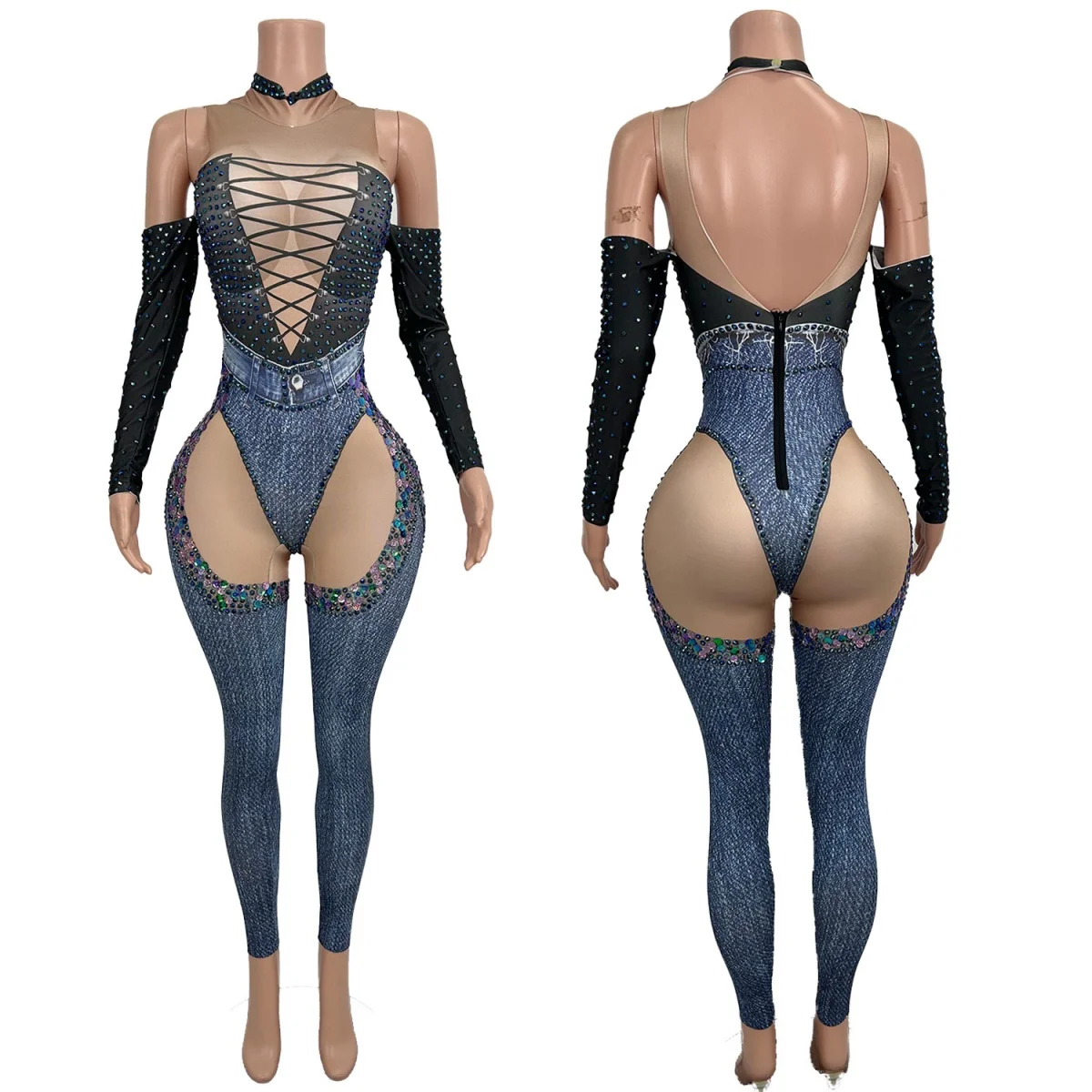 

Sparkly Rhinestone Printing Tight Fitting whit Gloves Nightclub Stage Drag Queen Performer Outfit Dance Sexy Women Festival Wear