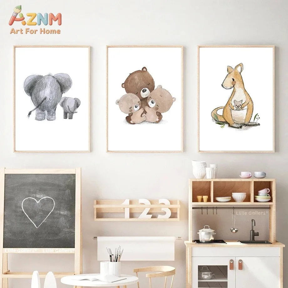 AZNM Watercolor Mother Baby Animal Canvas Wall Art Elephant Bear Kangaroo Sketch Print Unframed Canvas Painting for Neutral Baby