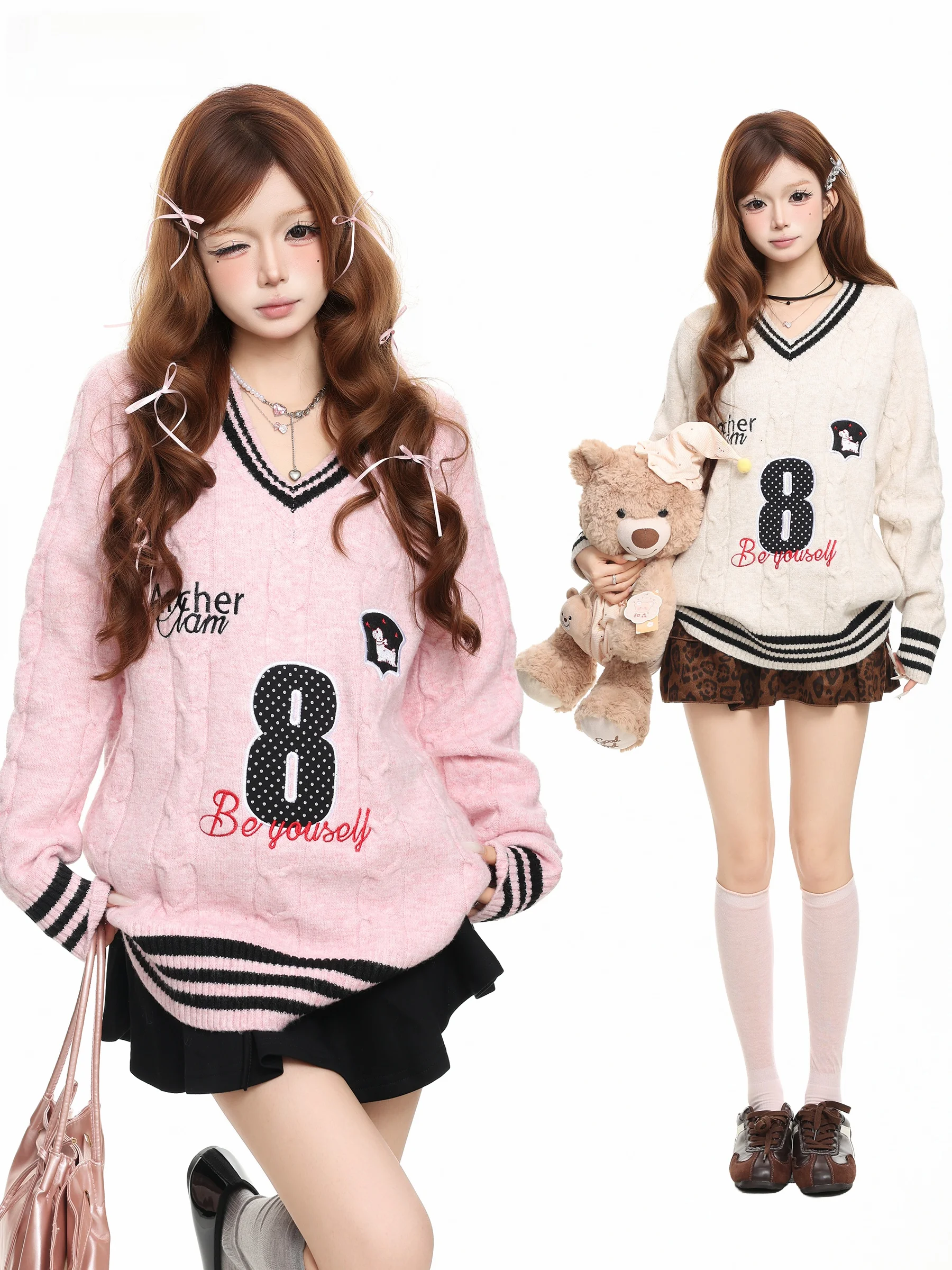 BASTERDS American Retro Letter Embroidery V-neck Sweater Women Loose Lazy Knitted Top Autumn Season Long Sleeve Casual Wear