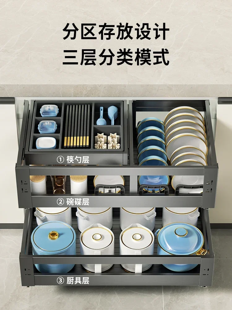 Szafka kuchenna z trójwarstwową szufladą Szafka pogłębiona ze stopu aluminium z miskami, pałeczkami, garnkami, patelniami