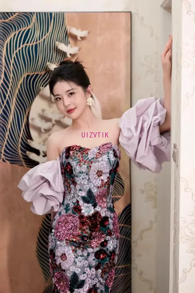 Elegant Embroidery Long Party Evening Dresses for Women New Puff Sleeves Sequined Prom Dress Vintage Strapless Wedding Dresses