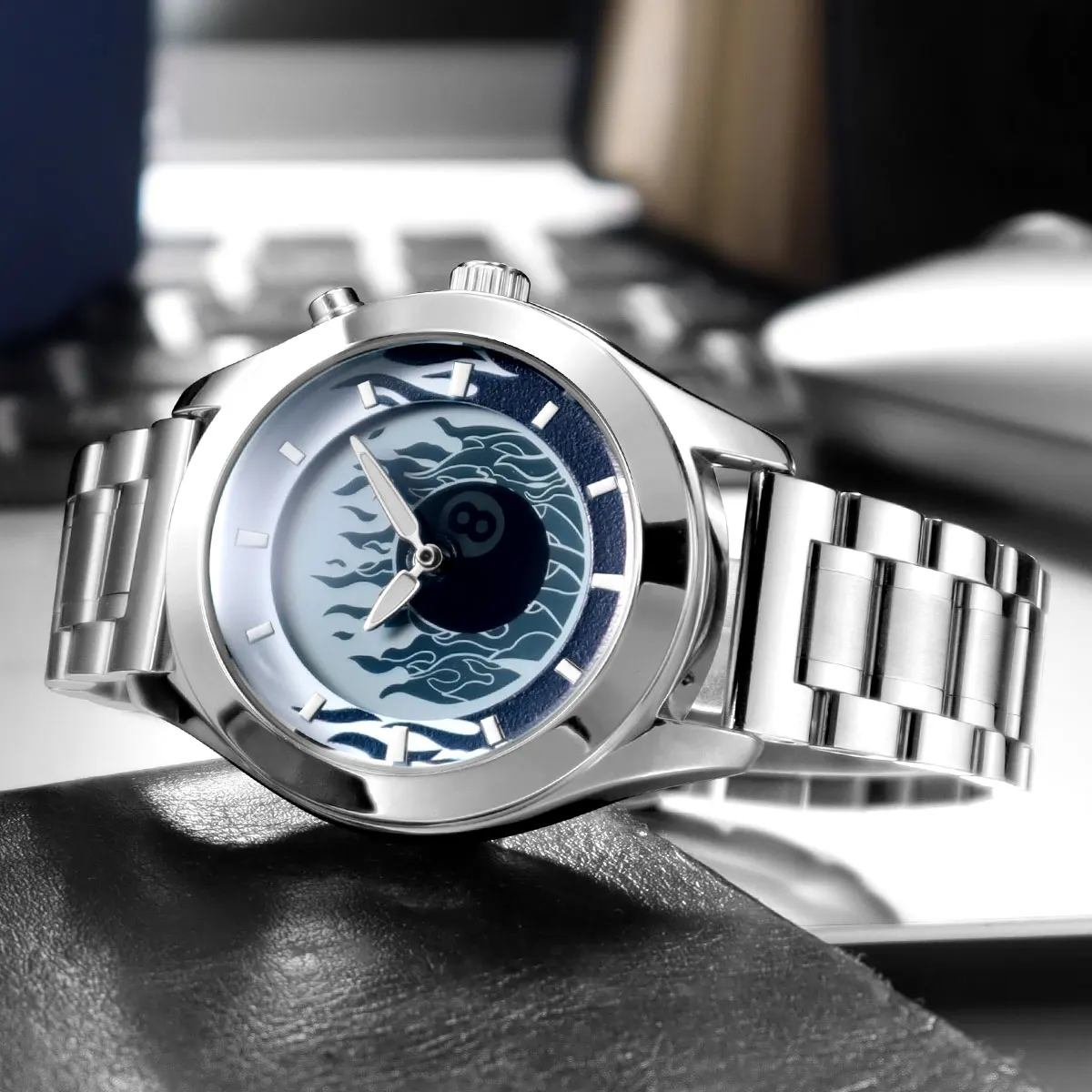 Millennium Retro Men's Quartz Watch with Unique Animated Flame Display Creative Futuristic Wristwatch with Stainless Steel Band
