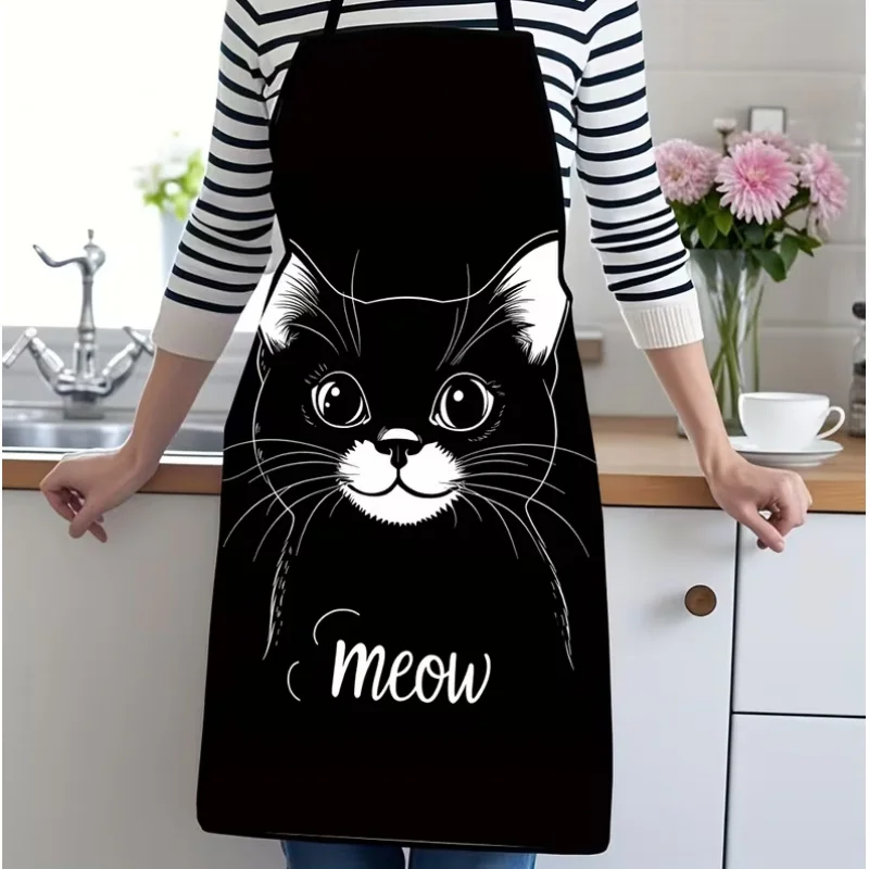 Cute Black Cat Print Apron, 1-Piece, Home BBQ Cooking & Household Chores Apron, Stain-Resistant & Easy To Wash