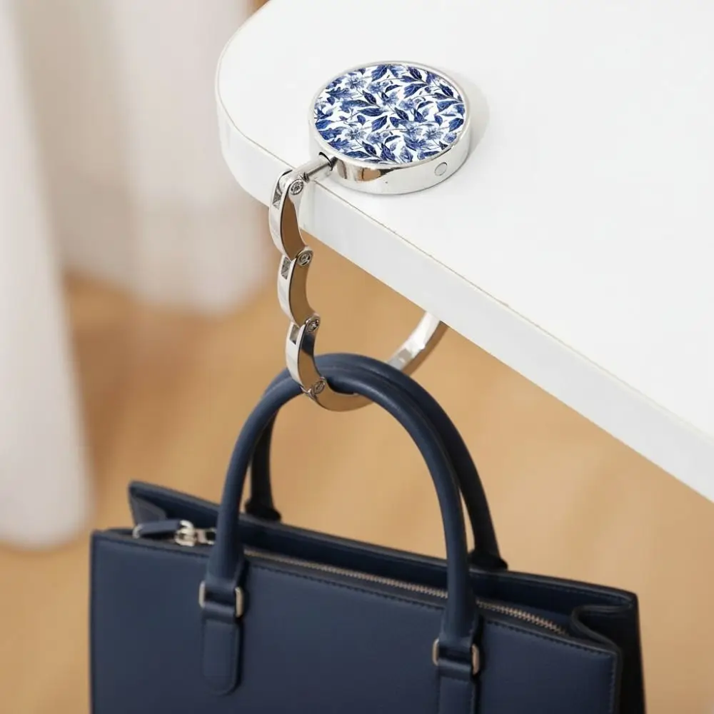 Blue-and-White Porcelain Pattern Table Handbag Hook Zinc Alloy Folding Desktop Handbag Holder Non-slip Back Round Handbag Rack
