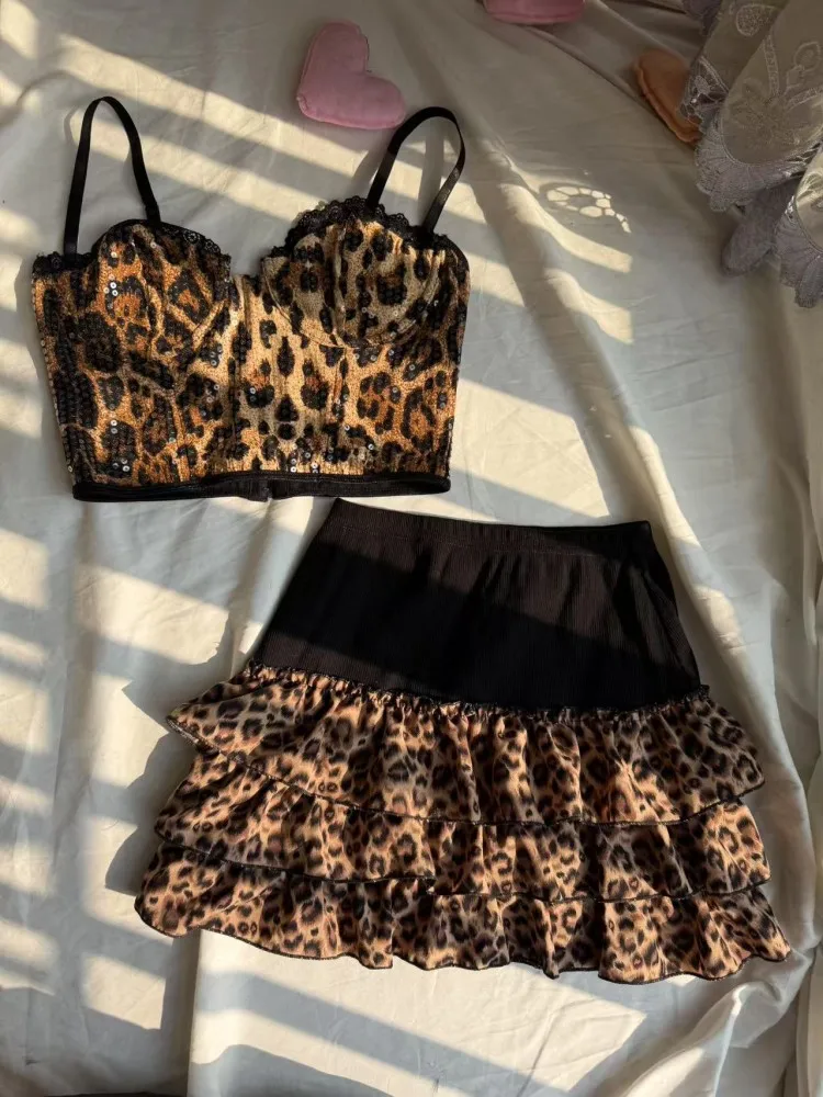 High Waist Short Skirt Splicing Y2K Millennium Puffy Cake Half Body Leopard Print Subculture Slimming A-Line Skirt