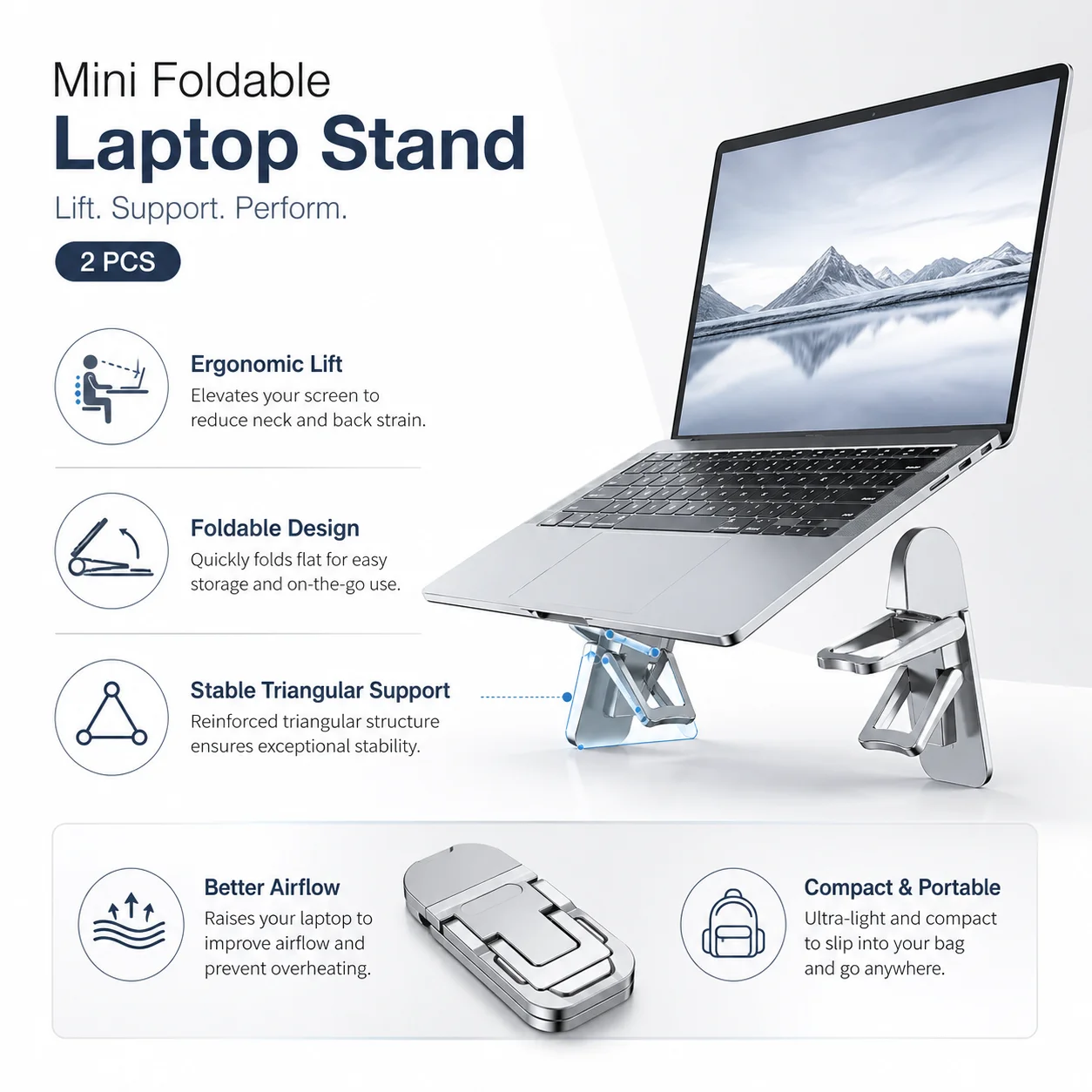 2Pcs Mini Foldable Laptop Stand, Portable Invisible Self-Adhesive Computer Keyboard Riser, Ergonomic with 2 Adjustable Angles