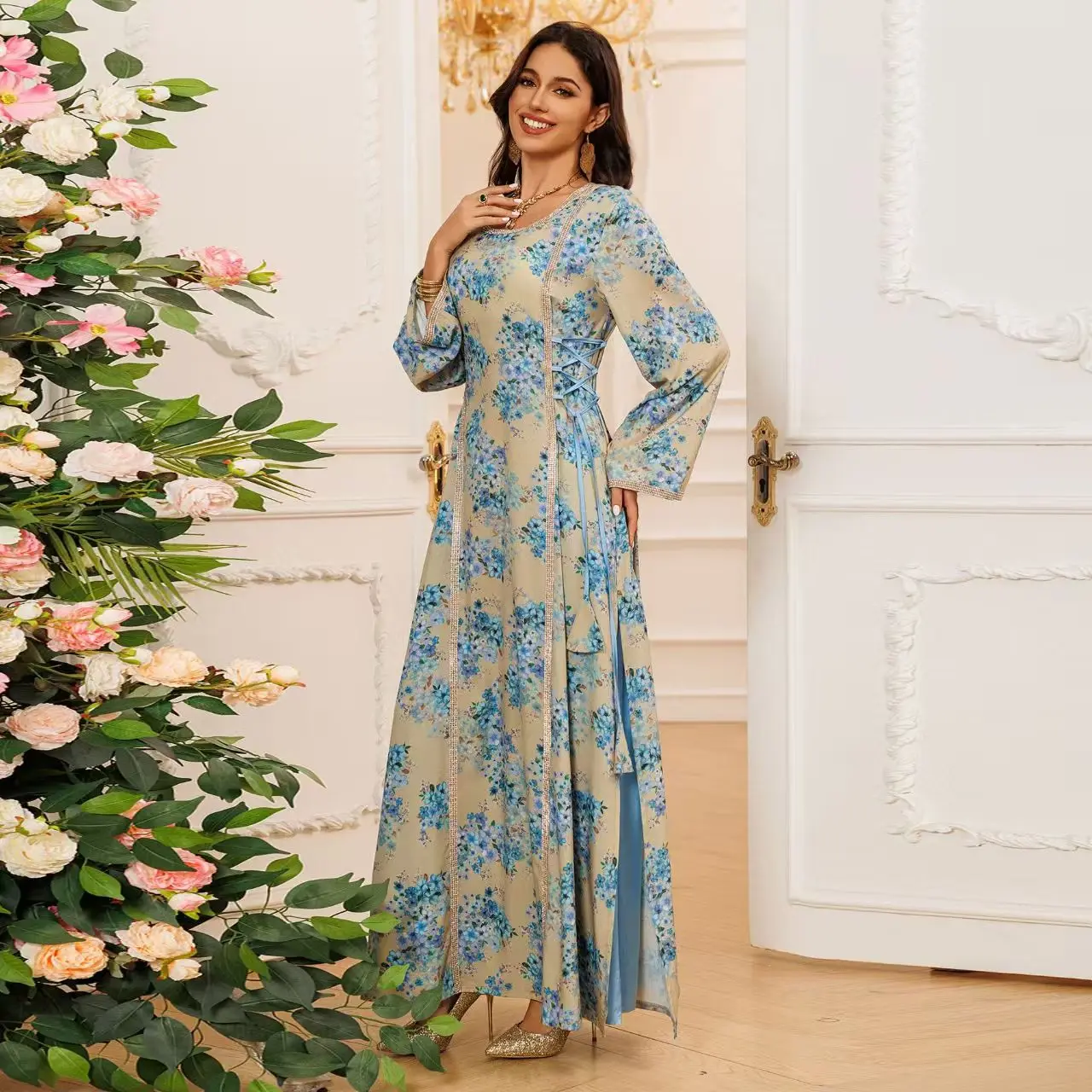 رداء طويل مرصع بالألماس مطبوع عليه Faion في الشرق الأوسط، تنورة Dr Ele عالية الخصر على شكل حرف A، ملابس يومية، مادة أخرى طويلة...