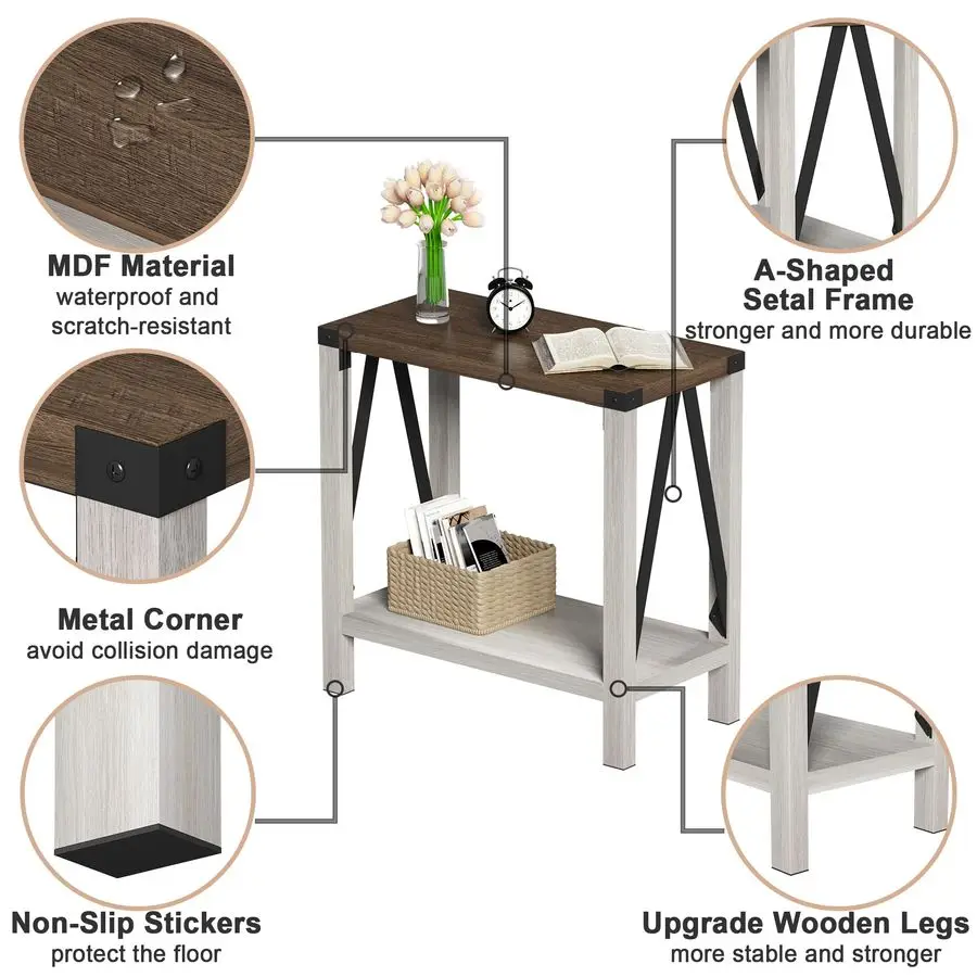طاولة نهاية المزرعة للمساحات الصغيرة، طاولة جانبية ضيقة مع رف تخزين، طاولة أريكة منضدة بتصميم ريفي للمعيشة #6