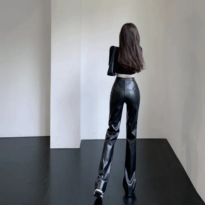 Grunge Black Leather Pants Women Fashion New High Waist Straight Tight PU Trousers Femme Streetwear Girls S-3XL