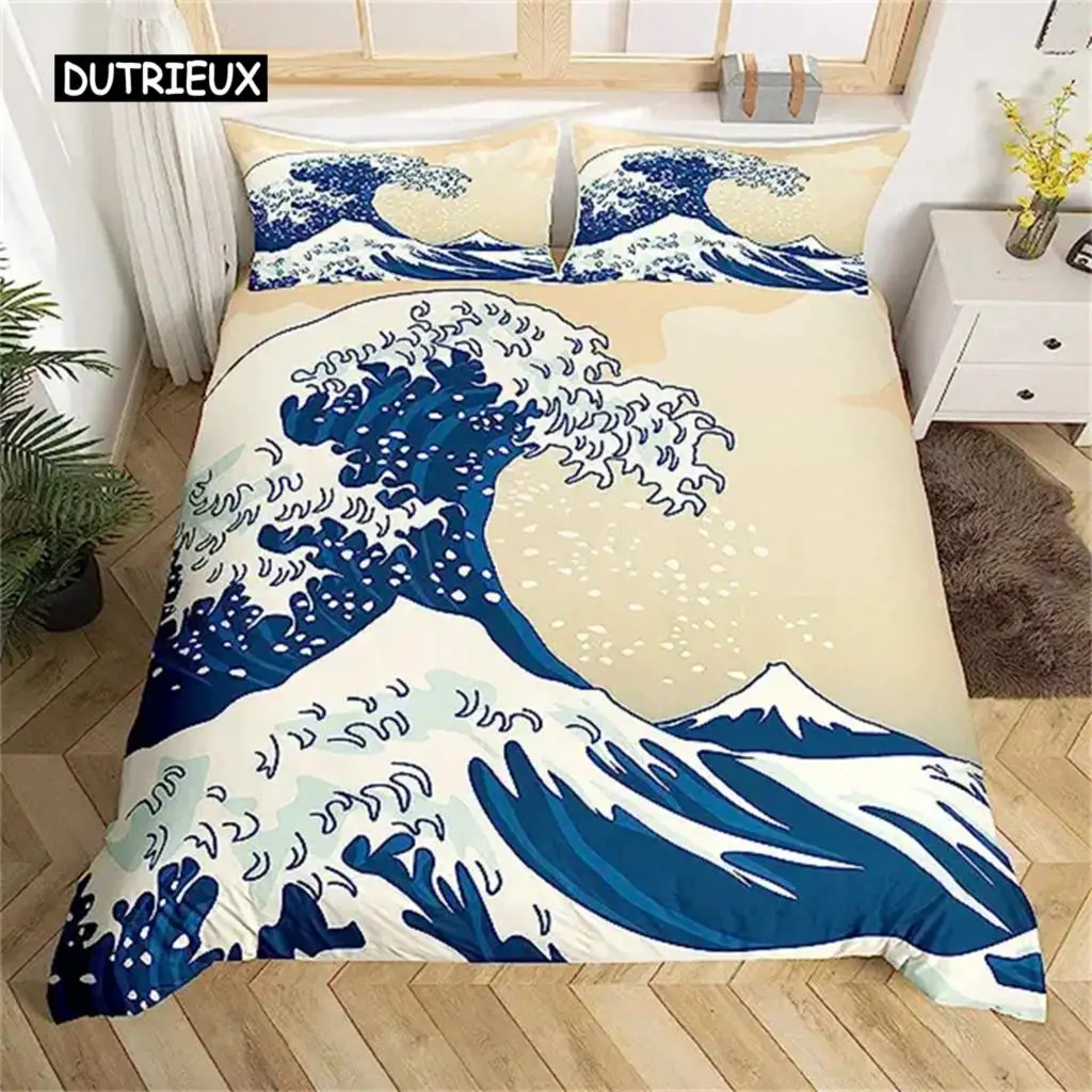 Duvet Cover Japanese Style Sea Ocean Waves Nautical Hand Drawn Japanese Style Cover Illustration Ukiyoe Themed Decor Blue Cream