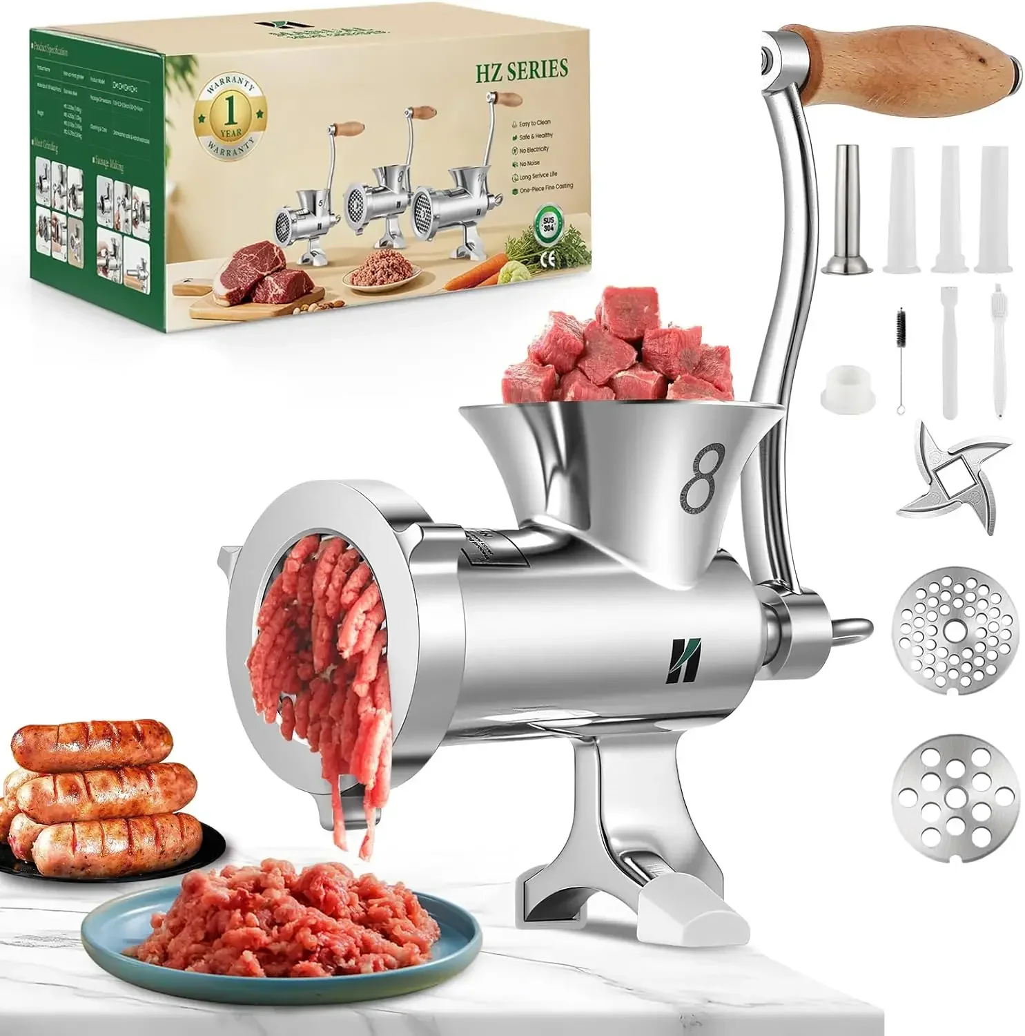 

Ручная мясорубка из нержавеющей стали - усиленная, с насадками для колбас, креплением на стол, для домашнего использования, для курицы, говядины, свинины