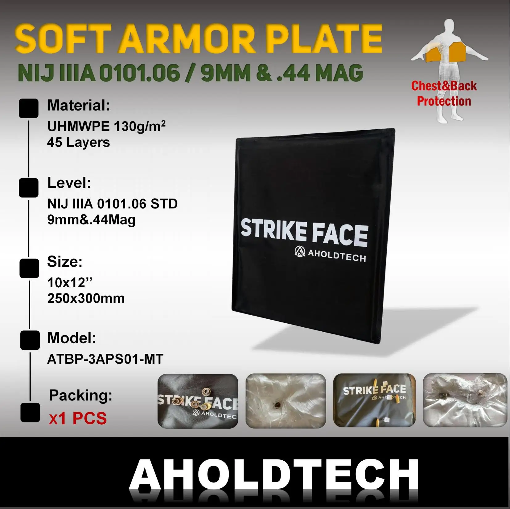 Aholdtech Lightweight Soft Armor Panel, Bulletproof Placa Balística para a Polícia de Combate do Exército, Soft, MT, ISO, NIJ III, 3A, 10x12