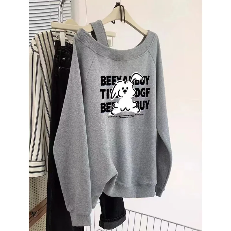 MiiiiX Preppy Style Casual Sweatshirts Women's Pullover 2024 Autumn Slant Collar Off-Shoulder Cartoon Printed Sweater Outerwears