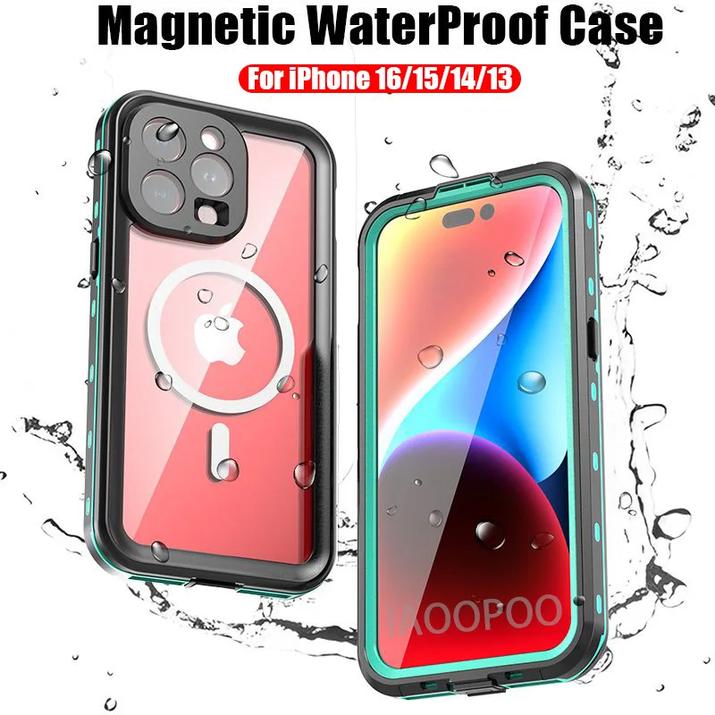 Magnetic Charging IP68 Waterproof Case For Apple iPhone 16 15 14 13 Pro Max Plus Drop proof Cover Diving Swim outdoor sport